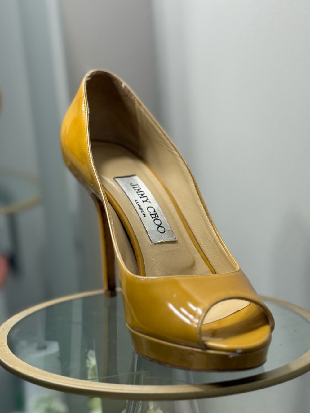 Jimmy Choo London Yellow Mustard Open Toe Stiletto Pump Heels US 7 IT 37 Leather